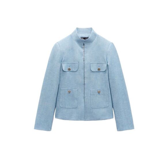 NWT zara high collar blazer jacket women’s S pockets buttons light blue linen - Picture 1 of 13